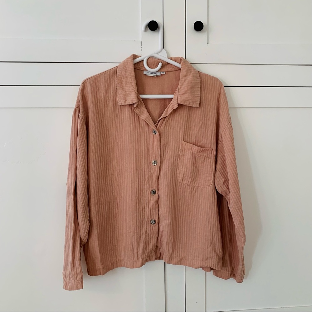 Amanda Gray Tencel Pink Stripe Pocket Button Oversize Shirt Size Small